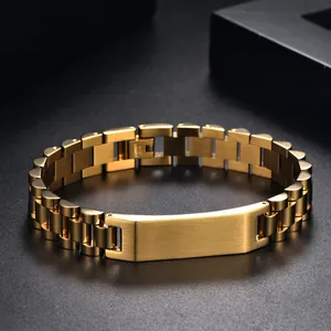 Bracelet montre en acier inoxydable or 18K avec plaque bombée personnalisable pour homme
