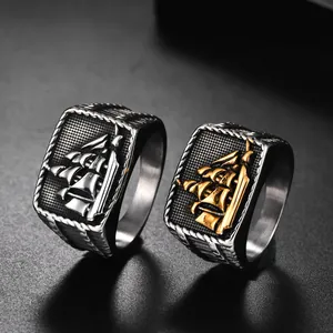 Chevalière Vintage en Acier Inoxydable Voilier pour Homme Hip Hop Relief Nautique Voilier Antique Bague de Bateau Pirate Bijoux Rétro