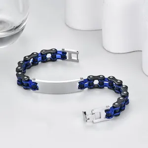 Modern industrial stainless steel bicycle chain bracelet in black blue and silver