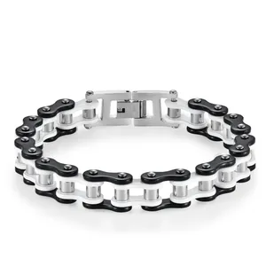 Bracciale a catena di bicicletta in acciaio inossidabile hip-hop in argento, nero e bianco