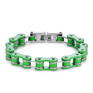 Bracciale a catena di bicicletta in acciaio inossidabile verde e argento con chiusura