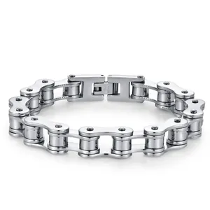 Detailed macro view of the stainless steel engraving on the bicycle chain bracelet