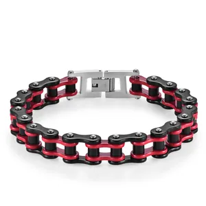 Bracciale a catena di bicicletta in acciaio inox stile hip hop in rosso e nero