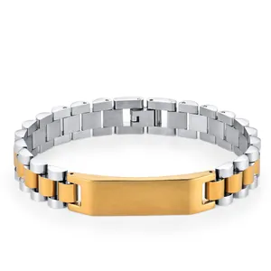 Détail de bracelet en acier inoxydable 18K bicolore avec plaque d'identité à graver