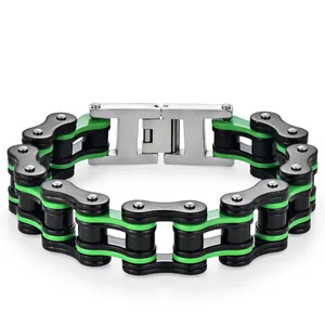 Bracelet chaîne de moto pour homme en acier titane noir, vert et argent poli