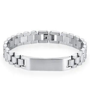 Bracelet de montre pour hommes en acier inoxydable poli argenté avec plaque ID