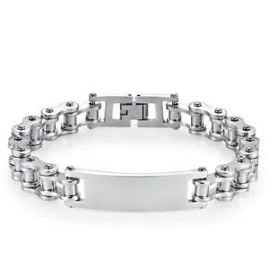 Detail of stainless steel motorcycle chain bracelet featuring a polished engravable plate