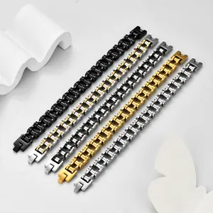 Bracciale da uomo a catena di motocicletta in acciaio inossidabile nero oro e argento lucido
