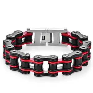 Détail du bracelet chaîne de vélo industrielle en acier inoxydable rouge noir et argent