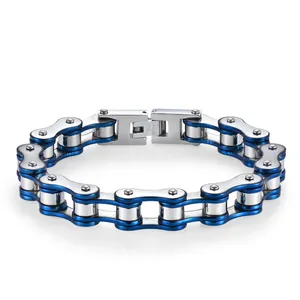 Detail of bicycle chain bracelet with silver and blue steel links and fold-over clasp