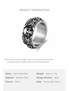 Detailed close-up of punk style stainless steel skull ring with double scythes and vintage finish