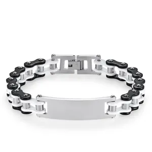 Macro detail of bike chain style bracelet with stainless steel plate and enamel links