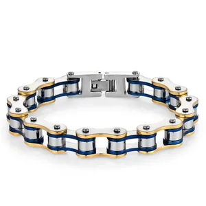 Men's tricolor bicycle chain bracelet in silver, gold, and blue stainless steel