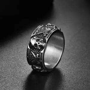 Retro Stainless Steel Skull Ring For Men Punk Hip Hop Crossed Scythe Pirate Skeleton Finger Ring Gothic Jewelry Gift