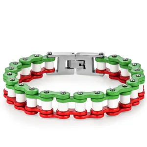 Italian flag colored bicycle chain bracelet in red white and green stainless steel