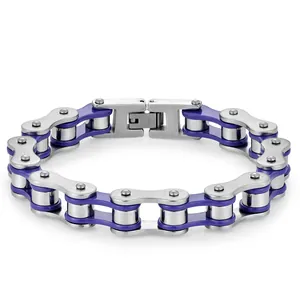Detail of purple and silver motorcycle chain bracelet with stainless steel clasp