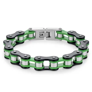 Detailed macro of green and black bicycle chain style stainless steel punk bracelet