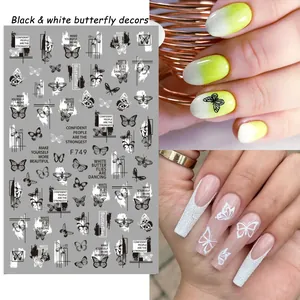 Autocollants 3D pour ongles style punk avec motifs de papillons noirs et blancs