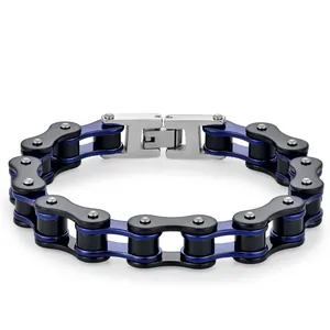 Detail of blue and black bicycle chain bracelet for men with sturdy folding metal clasp
