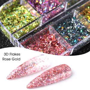 Nail art 3D glitter flakes set in rose gold displayed on nails and in storage box