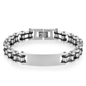 Macro detail of bicolored motorcycle chain bracelet with polished stainless steel ID plate