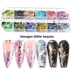 12-grid hexagon glitter sequins set for nail art with multicolor holographic effects