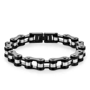 Detail of bionic bicycle chain link bracelet in matte black and polished silver steel