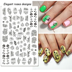 Détails d'autocollants 3D F751 montrant des roses noires sur différents vernis à ongles