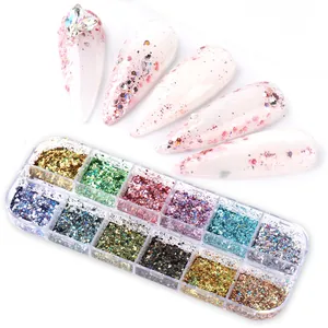 12-color nail art glitter set with laser metallic sequins in a 12-grid storage box