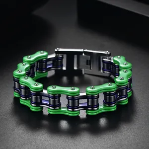 Bracelet chaîne de moto pour homme en acier inoxydable vert et argent avec fermoir H