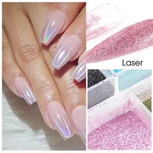 Macro detail of laser holographic nail glitter flakes in a multi-compartment storage box