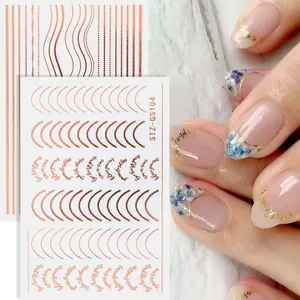 Rose gold metallic line nail art stickers with French curve patterns and art text