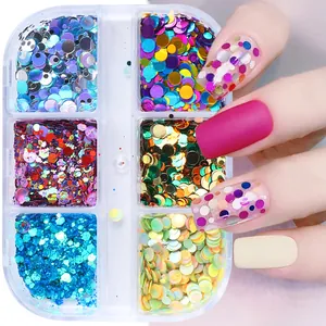 Vista macro di paillettes laser per nail art in contenitore a 6 scomparti