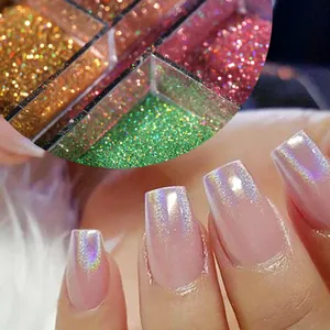 Detailed holographic nail glitter showing vibrant laser effects and multi-color shimmer powder
