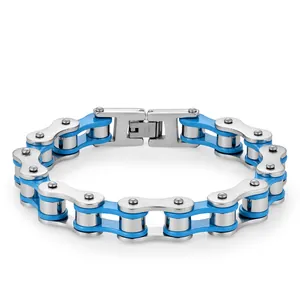 Detail of silver and blue stainless steel bicycle chain bracelet with fold-over clasp