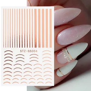 Rose gold 3D nail art stickers with metallic stripes and half-moon totem curves