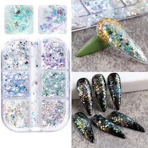 Set nail art da 6 griglie con paillettes a stella laser e glitter per manicure