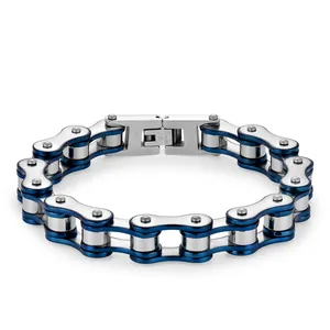 Detailed close-up of blue and silver bicycle chain bracelet in durable stainless steel