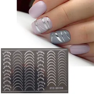 Metallic silver line nail stickers with French style curves and inspirational phrases