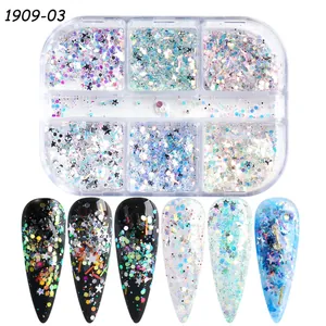 Dettaglio del set di paillettes per nail art a 6 scomparti con forme stellari e circolari