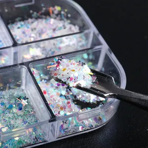 Vista macro di paillettes per unghie iridescenti e glitter in una scatola a 6 griglie