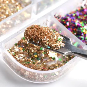 Macro view of multi-grid box with golden nail glitter powder and iridescent sequins
