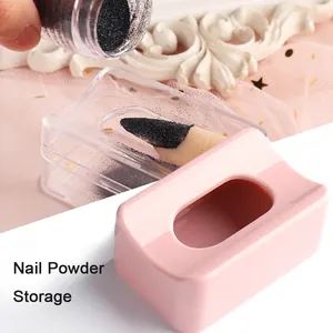 Detail showing nail powder recycling process with the pink storage collector box