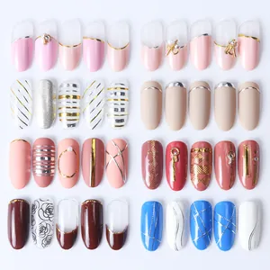 Detailed flat lay of diverse 3D nail art stickers in rose gold, silver and pearl designs