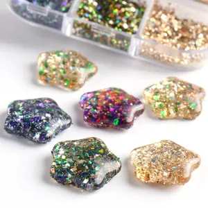Macro shot of 6-grid nail art kit with star-shaped resin glitter and colorful powder