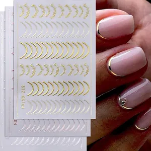 3D Metallic Nail Art Stickers French Geometry Lines Moon Star Heart Design Self Adhesive Rose Gold Gold Silver White Nail Decals For Women Manicure Decor