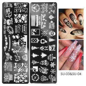 Détails des plaques de stamping nail art Halloween et Noël SU-03 et SU-04 avec motifs