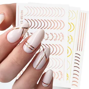 3D rose gold nail stickers with metallic lines and totem patterns on almond nails