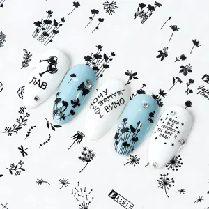 Minimalist black floral and butterfly nail art stickers with Russian text on blue nails