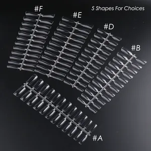 Full set of clear coffin nail tips in 5 shapes including long square and almond styles